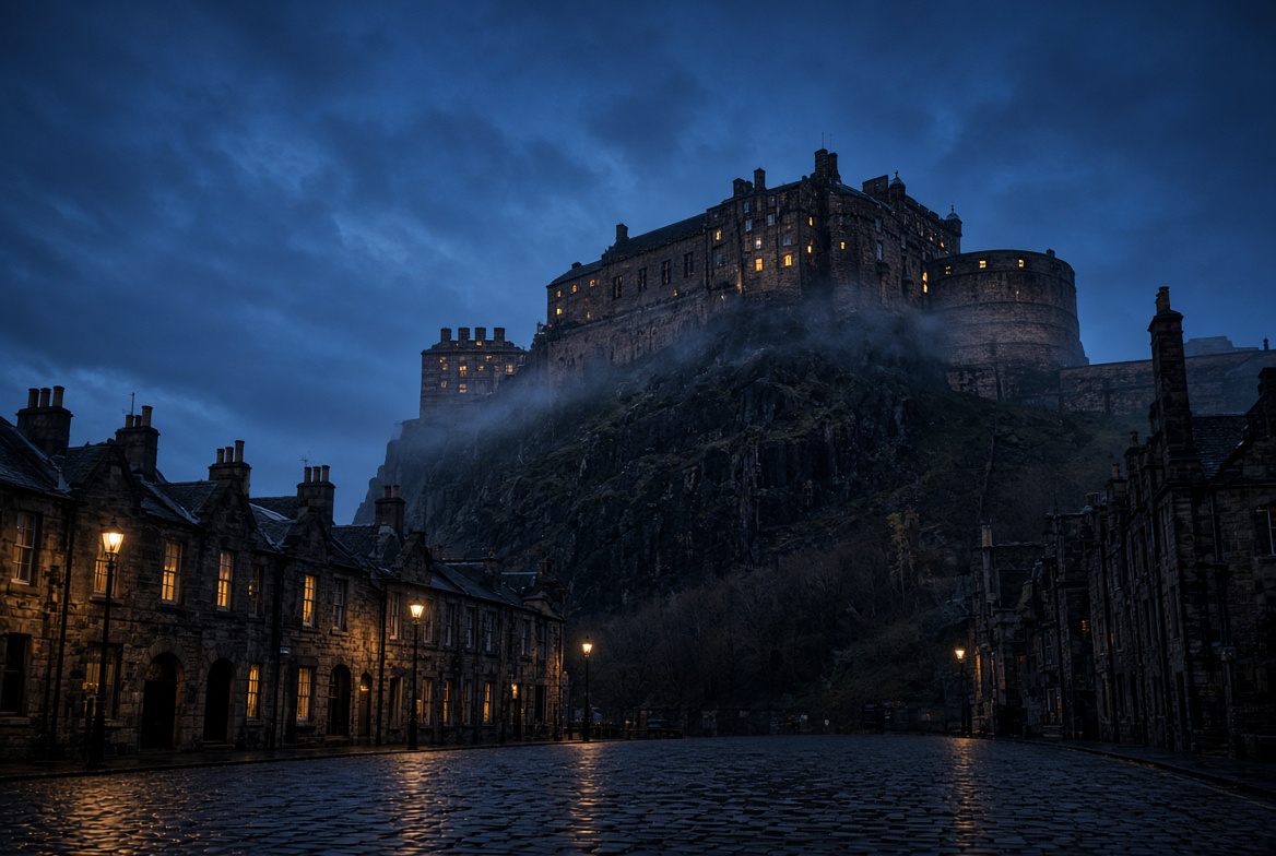 Edinburgh Castle above the old town at blue hour